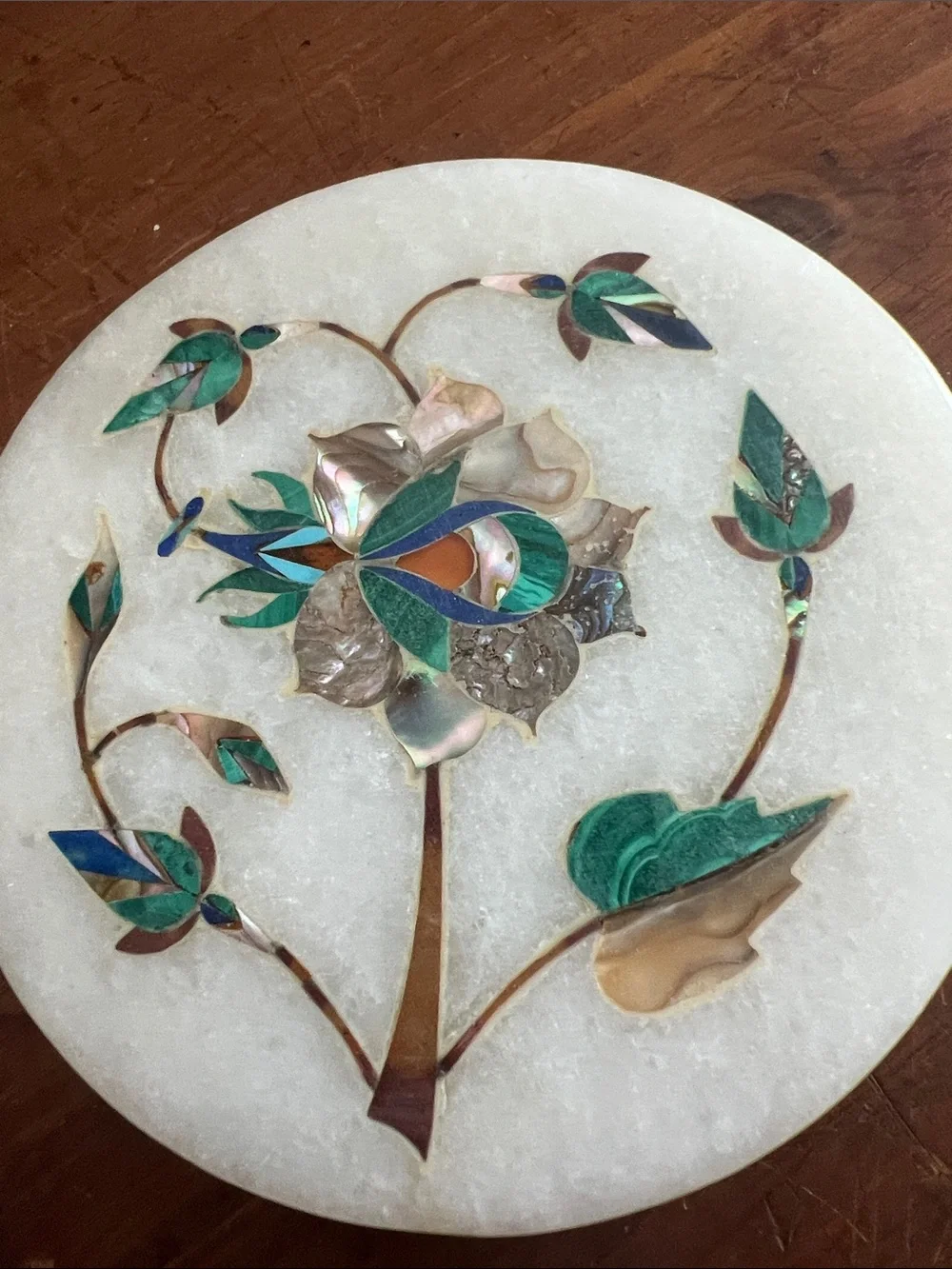 Inlaid Marble Coasters Mother-of-Pearl and Semi Precious Gemstone Floral Design